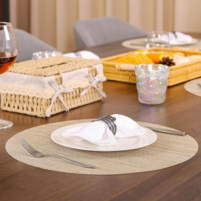 Round Placemats Set of 4 Heat Resistant Vinyl Placemats 15 inch Washable Non-Slip Table Mats Woven Place Mats for Dining Table (Beige, Set of 4)