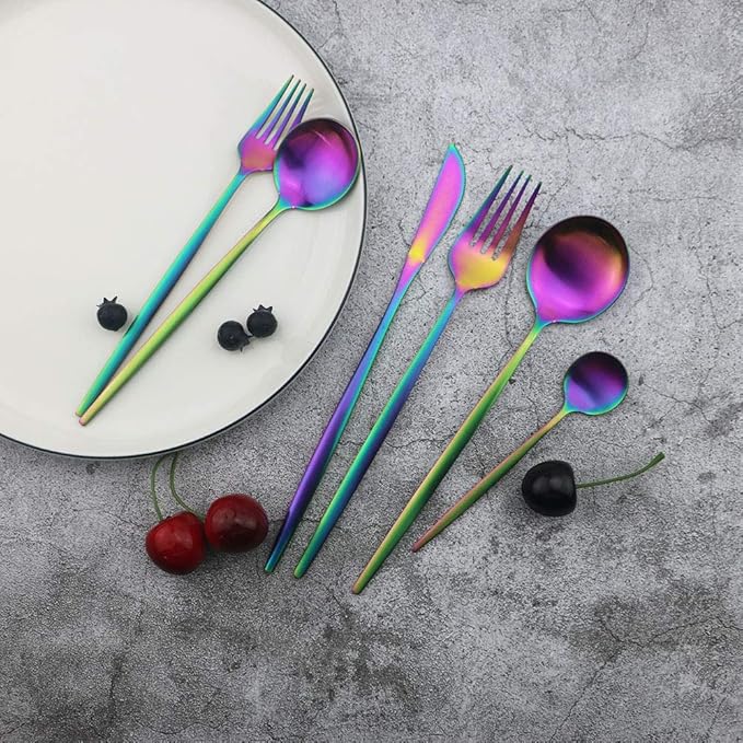JASHII Silverware Metal Utensils Group Serves 6, Kitchen 24-piece Flatware Cutlery Set Stainless Steel, Modern Elegant Tableware Set for Party, Christmas, Dinner(Matte Rainbow)