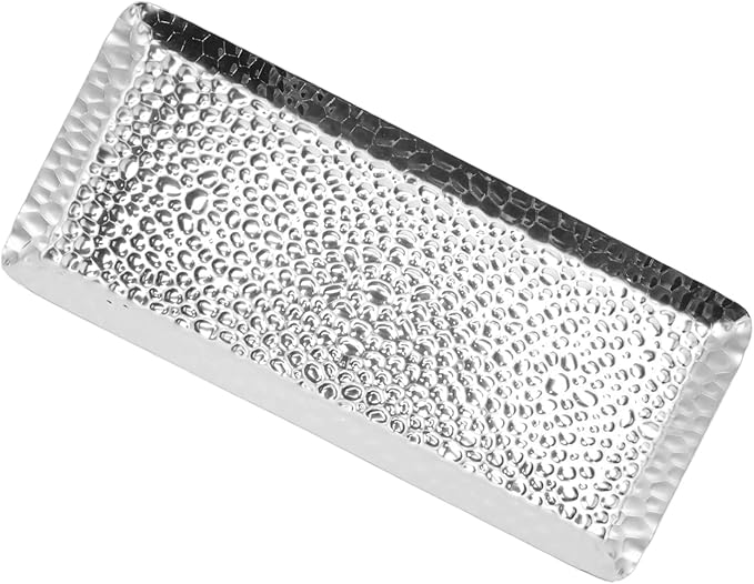 Metallic Towel Serving Tray Hammered Stainless Steel Dishwasher Safe Plate for Home Restaurant 25x11cm (Silver)