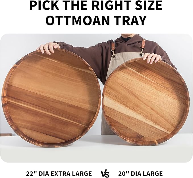 Extra Large 22INCH Premium Acacia Wood Tray Round Ottoman Tray with Handles Wooden Serving Tray Multi-Use for Dinner Breakfast in Bed Coffee Table Snack Entertaining Guests