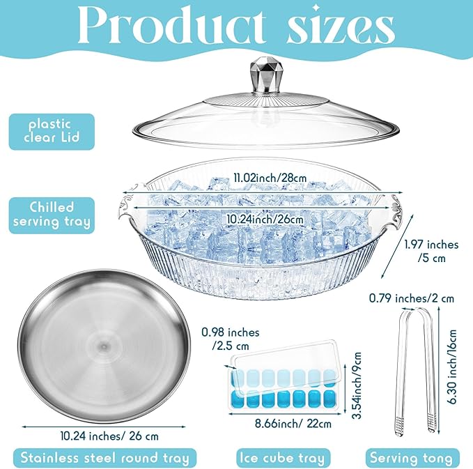 Baderke 1 Set 10" Chilled Serving Tray for Parties with Compartments and Lid Ice Chilled Platter Charcuterie Serving Board for Fruit Seafood Vegetable Appetizer Shrimp Cocktail (Silver)