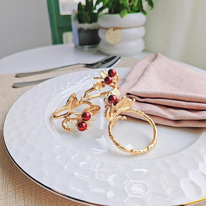 Elegant Rose Gold Berry Napkin Ring Set - 6 Piece Set for Formal Dining and Special Occasions