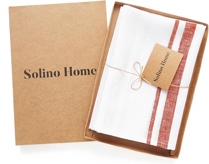 Solino Home Linen Dinner Napkins Set of 4-100% Pure Linen French Stripe Red and White Napkins 20 x 20 Inch for Christmas, Holiday, Winter, New Year