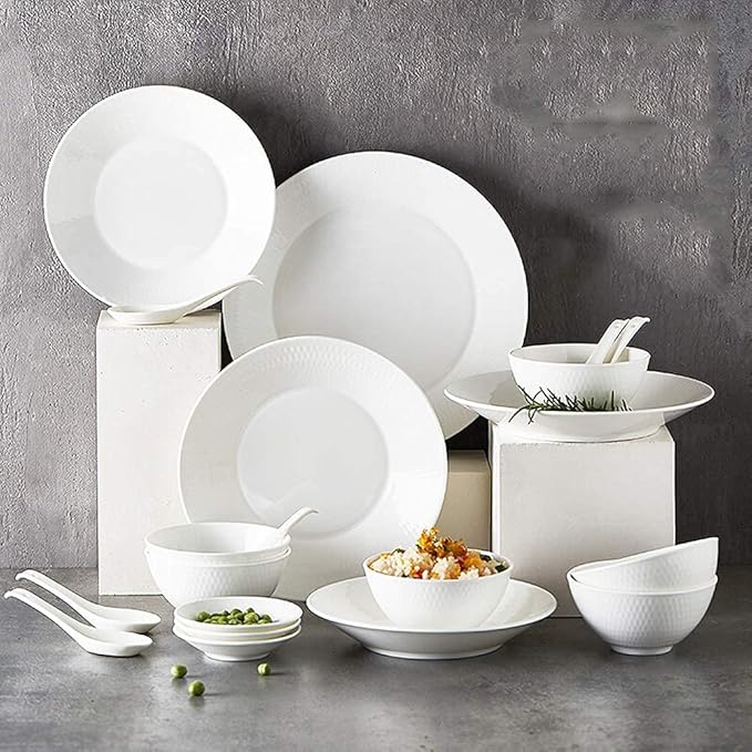 White Porcelain Dinnerware Set, Ceramic Plates and Bowls Sets, Vintage Round Dishes Set Dinner Plates for Kitchen/Dining, Service for 6