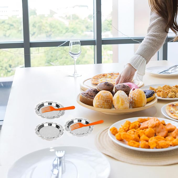 6pcs Serving Tray Set, 4in Small Vintage Decorative Round Metal Platters, Reusable Serving Dishes Party Appetizer Tray for Snack Fruit Sushi Buffet, Silver