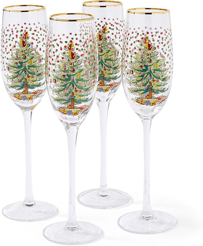 Spode Christmas Tree 8.45 Fl. Oz. Footed Champagne Flute (Set of 4), Polka Dot - Sparkling Wine Glasses for Holiday Celebrations - For Wedding Toasting Flutes & Prosecco Glasses