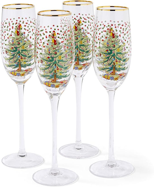 Spode Christmas Tree 8.45 Fl. Oz. Footed Champagne Flute (Set of 4), Polka Dot - Sparkling Wine Glasses for Holiday Celebrations - For Wedding Toasting Flutes & Prosecco Glasses