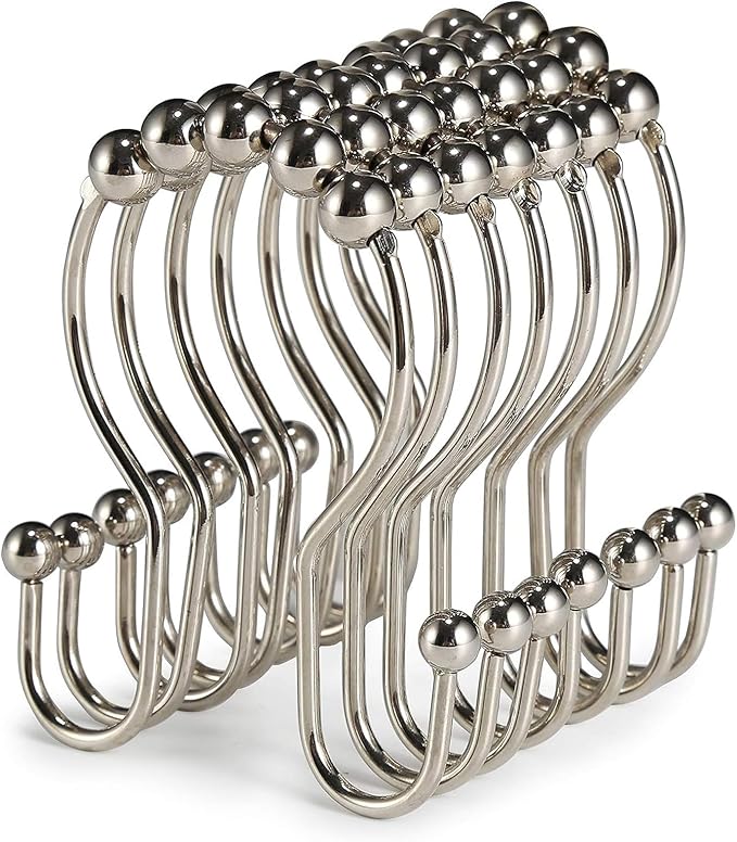 Goowin Shower Curtain Hooks, 12 Pcs Shower Curtain Rings, Stainless Steel Brush Nickel Shower Curtain Hooks Rings Rust Proof, Smooth Sliding Anti-Drop Double Shower Hooks for Shower Curtain (Nickel)