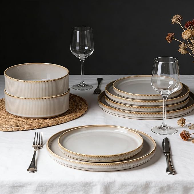 Stoneware Dinnerware Sets for 4, Stoneware Plates and Bowls Set, 12-Piece Ribbed Dishes – Chip & Scratch Resistant, Microwave and Dishwasher Safe Tableware, Warm White