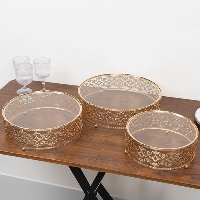 Efavormart Set of 3 Metal Cake Stands 10", 12", 14" Baroque Ornate Design with Glass Top Gold - Stackable Dessert Display Trays