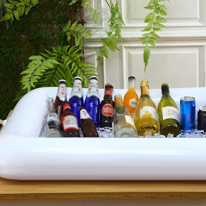 Large Inflatable Serving Bar 72 x 30 x 5'' Inflatable Ice Serving Buffet Bar Inflatable Cooler Ice Buffet Salad Serving Trays with Drain Plug for Pool Outdoor Party Picnic(White,2 Pack)