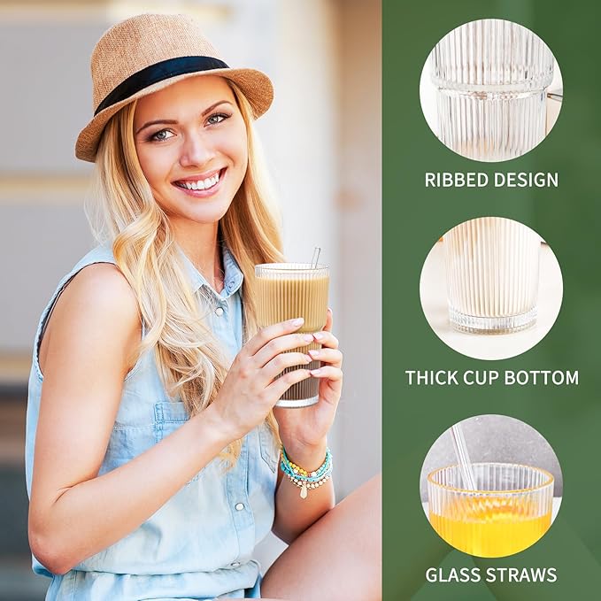CWHHRN 20 Oz Glass Cups and Straw 6 Set, Glass Tumbler with Straw, Vintage Glassware for Whiskey Cocktail Beer, Iced Coffee Cups (6 PACK)