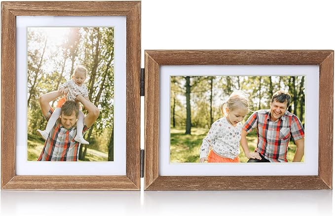 5X7 Double Wooden Hinged Picture Frame Vertical and Horizontal in Distressed Farmhouse Wood Grain, Display 4x6 with Mat or 5x7 without Mat, Folding Photo Frame with Real Glass Front for