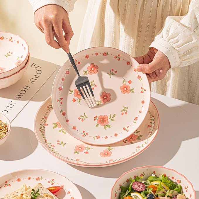 16 Pieces Gourmet Porcelain Dinnerware Sets, Premium Plates and Bowls Set, High-Fired Ceramic Dishes Set for 4, Microwave Dishwasher Safe, Pink Peach Blossom Pattern.
