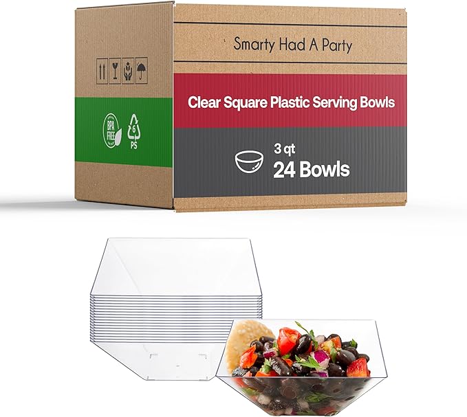 Smarty Had A Party 24 Clear Square Plastic Serving Bowls 3 qt. Disposable Clear Serving Dishes for Party, Buffet and Catering
