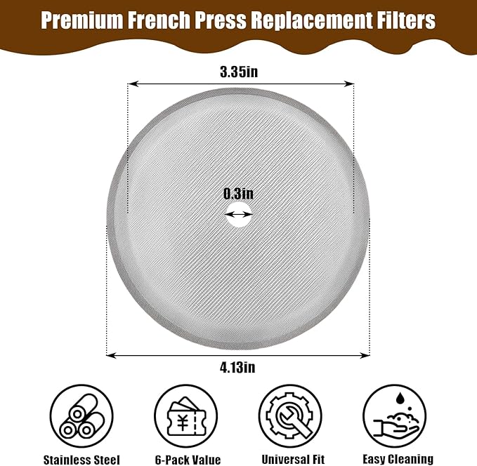French Press Replacement Filters Stainless Steel Mesh Screen Universal 1000 ml, 34 Oz, 8 Cup Coffee & Tea Makers (6 PACK)