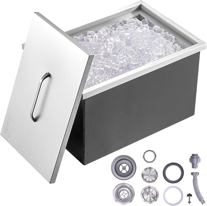 Happybuy Drop in Ice Chest 23''L x 17''W x 12''H with Cover 304 Stainless Steel Drop in Cooler Included Drain-Pipe and Drain Plug Drop in Ice Bin for Cold Wine Beer