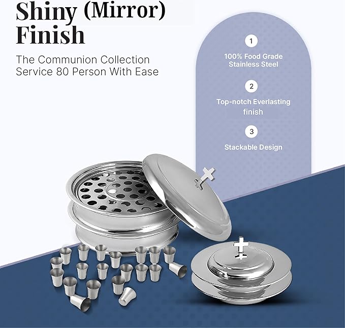 Communion Ware Church Set | Stackable 2 Communion Trays with Cover & 2 Bread Plates with Cover, 80 Cups Included | Ideal for Churches | Stainless Steel - Shiny (Silver) Finish