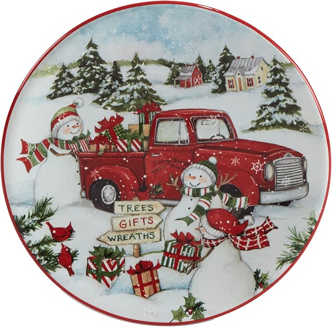 Certified International Red Truck Snowman 6" Canape/Luncheon Plates, Small, Multicolor, Set of 4 (Pack of 3)