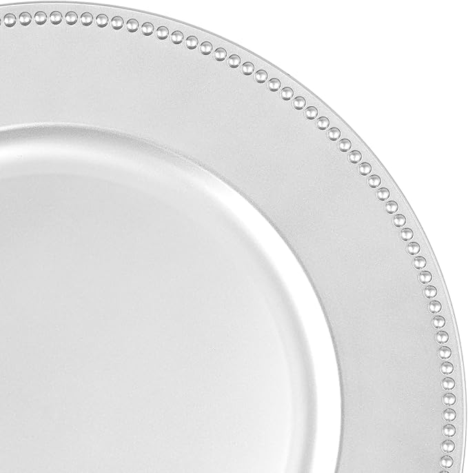 24 Pcs Silver Charger Plates Bulk,13" Round Beaded Plate Chargers for Dinner Plates, Decorative Dinner Charger Plastic Table Chargers for Wedding Holiday Party Baby Shower Event Decoration (Silver)