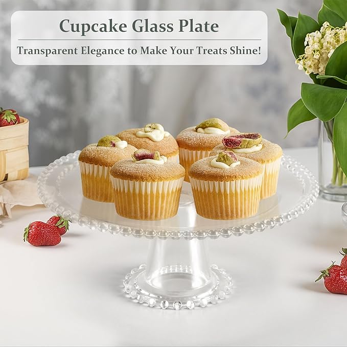 Wenqik 12 Inch Beaded Glass Cake Stand Vintage Clear Cake Stand Cakes Serving Platters Footed Dessert Plate Display Desserts Holder Fruit Serving Tray Display Accessories for Wedding Party Supplies