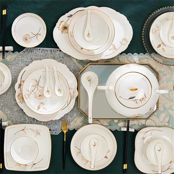Household Ceramic Bowl and Plate Set, Bone Ceramic Bowl and Plate, 60 Pieces of Tableware
