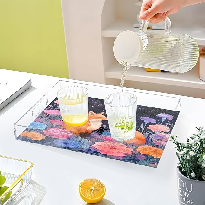 Serving Tray with Handles Clear Acrylic Tray 12x16 Inch Decorative Rectangular Tray Organizer for Ottoman Coffee Table Bathroom Foxes Carnations Colorful
