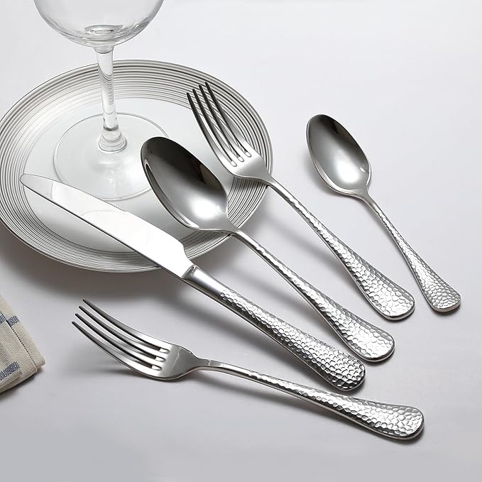 Premium 20 Piece Hammered Silverware Set with Smooth Edge, 18/10 Stainless Steel, Service for 4, Fine Flatware Set, Dishwaser Safe(20)