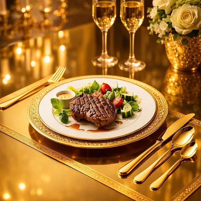 chandler 24 Pieces Cutlery Set Shiny Golden Stainless Steel 410 18/0 0% Nickel Golden Wood Bag Dinner Spoons Dinner Knives Dinner Forks Tea Spoons
