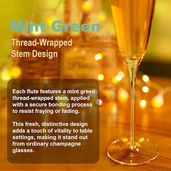 Champagne Flutes Set of 4, 8 oz, Hand Blown Lead-Free Premium Crystal Champagne Glasses, mint green Thread with Stem,Thin Rim, -Daily Use,Unique Wedding Anniversary or Birthday Gift,Party