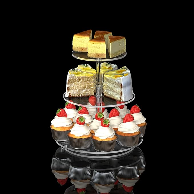 3-Tier Rotating Cupcake Stand, Clear Acrylic 360° Spinning Dessert Display Tower for Cakes & Pastries, Serving Stand for Weddings, Birthdays, Parties