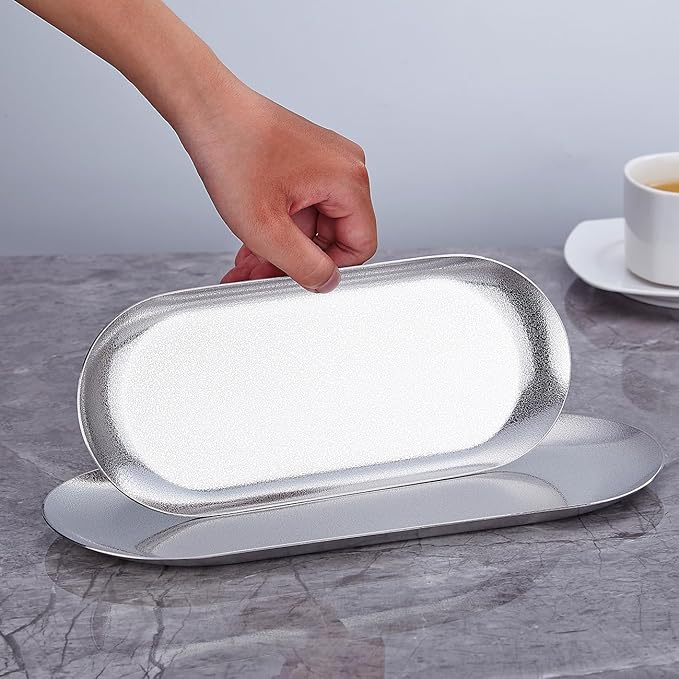 8.5X3.7 inch ellipse Appetizer Plates,thick stainless steel Dinner Plates, Pasta Dessert Plates for Sushi, Fruit oven/Dishwasher Safe, Set of 4,silver