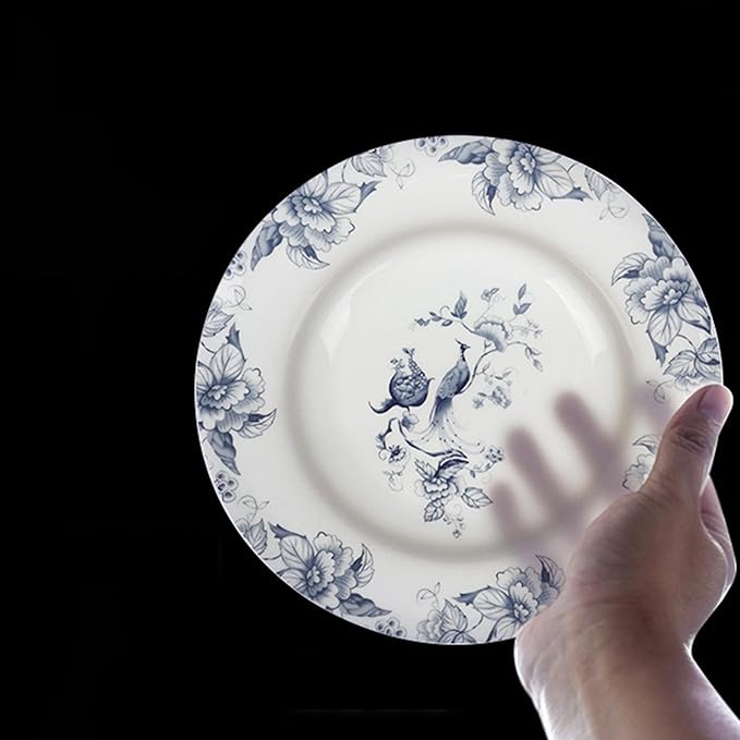 ceramic plate set for 2, 8 piece bone china dinnerware set, blue and white floral bird porcelain dishes sets for wedding, housewarming, hotel