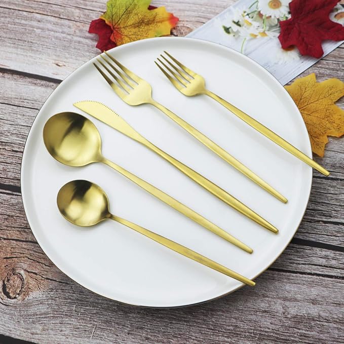 Gold Silverware Set JASHII 40 Pieces Flatware Set 304 Stainless Steel Flat Cutlery Set for 8 Matte Kitchen Forks Knife Spoons Set, Satin Finish Tableware Set for Home and Restaurant, Dishwasher Safe