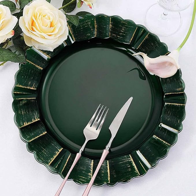 Efavormart Set of 6-13" Round - Hunter Emerald Green Plastic Charger Plates With Waved Scalloped Rim for Wedding, Outdoor Receptions, Banquets, Holiday Dinner plates Chargers