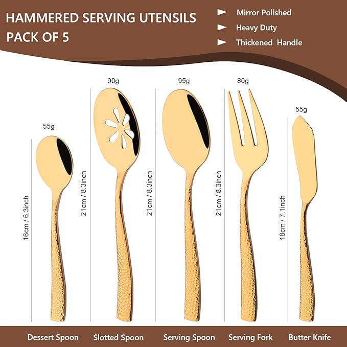 Serving Utensils Set, 5-Piece 18/8 Stainless Steel Hostess Serving Set, Elegant Hammered Serving Utensils for Home Restaurant and Buffet Catering, Heavy and Mirror Polished, Gold