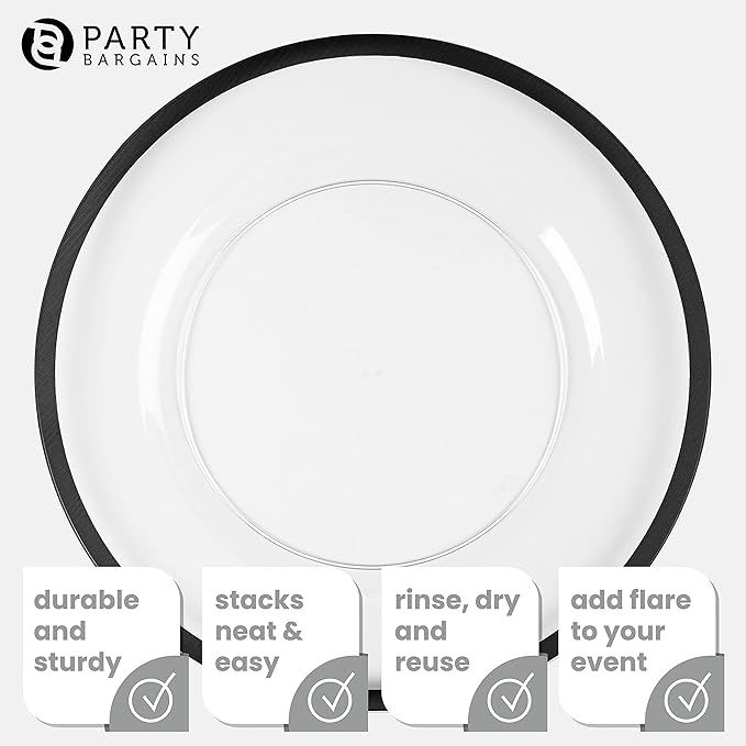 PARTY BARGAINS 13-Inch Charger Plates - 8 Pack, Clear Black Rim, Heavy-Duty Disposable Chargers for Elegant Dining - Ideal for Weddings and Formal Events