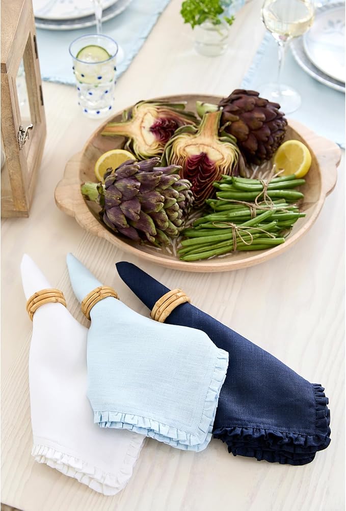 Solino Home Ice Water Linen Dinner Napkins 20 x 20 Inch - 100% Pure Linen Juliette Ruffle Cloth Napkins Set of 4 for Christmas, New Year - Handcrafted and Machine Washable
