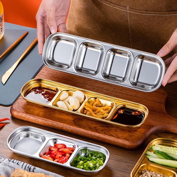 3 Piece Stainless Steel Sauce Tray, Divided DippingTray, 3 Compartment Appetizer Serving Tray for Sauce, Ketchup, Dressing, Silver, 8 X 3 Inches (3 Compartment)