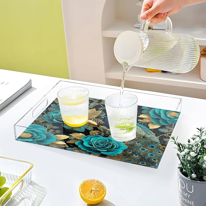 Serving Tray with Handles Clear Acrylic Tray 12x16 Inch Decorative Rectangular Tray Organizer for Ottoman Coffee Table Bathroom Vintage Peacock and Roses