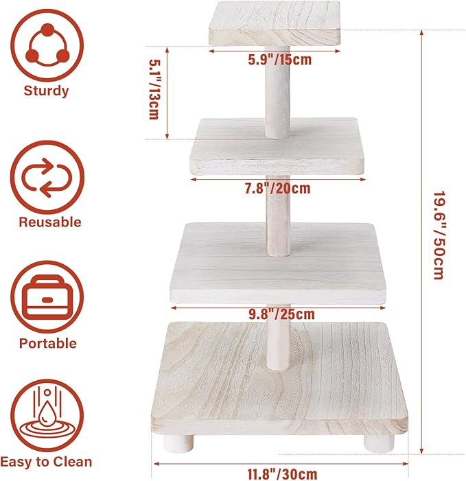 Weselljars Wooden Cupcake Stand Holder：4-Tierd 20in White Square Cake Stand,Rustic Dessert Table Display,Easy to Assemble and with Instruction,Great for Wedding/Party/Birthday/Home Decor