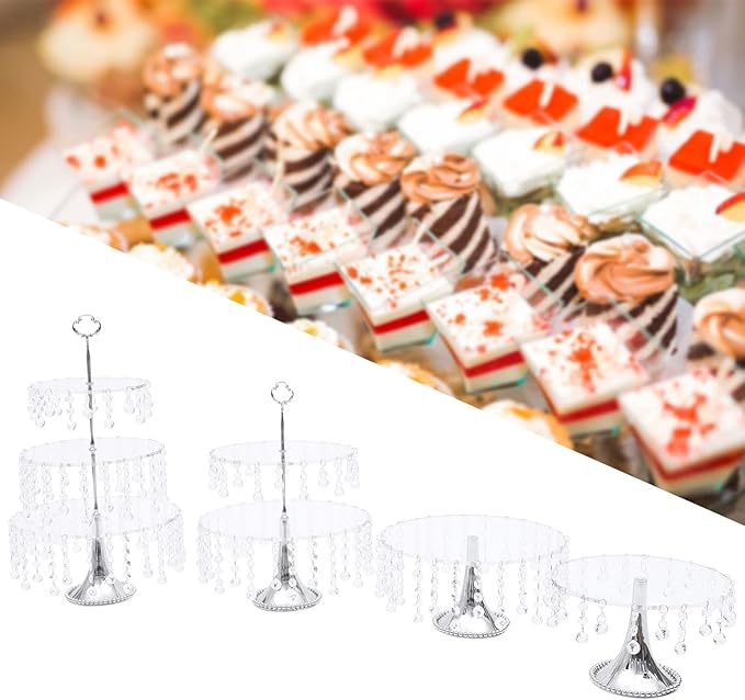4 Pcs Acrylic Cake Stands 12 Inch with Crystal Bling Pendants, Dessert Cupcake Display Metal Stand for Christmas New Year Wedding, Event, Birthday Party