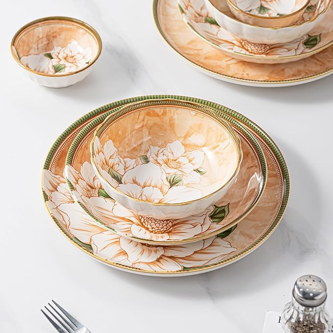 Plates and Bowls Sets for 2, 8-Piece Dinnerware Set Ceramic, Dish Sets for 2 with Camellia Floral Pattern, Microwave & Dishwasher Safe for Everyday Use & Gift Giving