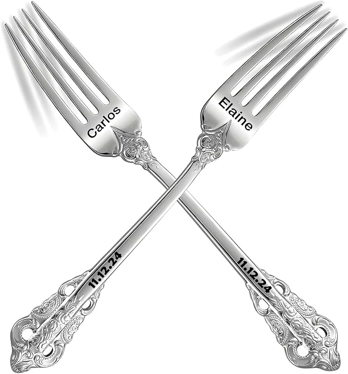 [2 Pack] Personalized Vintage Wedding Forks, Custom Luxury Dinner Forks Engraved with Name/Date, Customized Antique Baroque Flatware for Dessert Cake Salad Gift for Party Favors Engagements