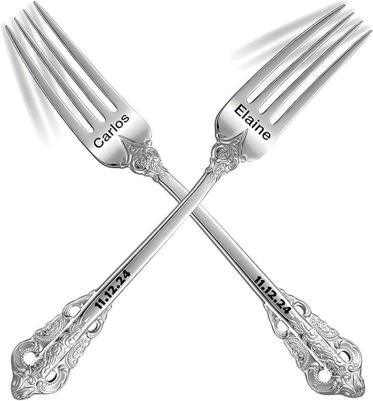 [2 Pack] Personalized Vintage Wedding Forks, Custom Luxury Dinner Forks Engraved with Name/Date, Customized Antique Baroque Flatware for Dessert Cake Salad Gift for Party Favors Engagements