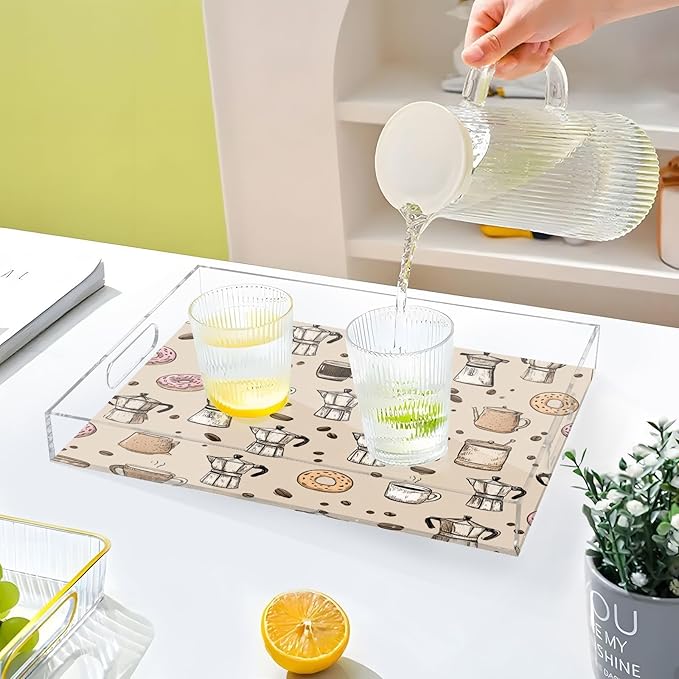 Serving Tray with Handles Clear Acrylic Tray 12x16 Inch Decorative Rectangular Tray Organizer for Ottoman Coffee Table Bathroom Beige Donut Coffee Cups and Moka Pots