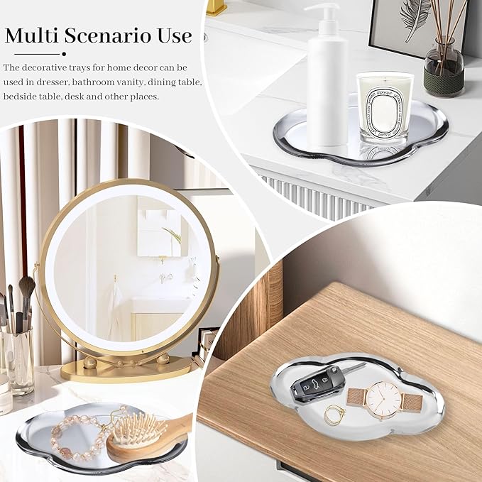 2Pcs Stainless Steel Jewelry Tray, 9in Cute Cloud Bathroom Decorative Tray Trinket Dish, Ring Dish Vanity Tray for Perfume Key Candle Aesthetic Room Decor (Silver)