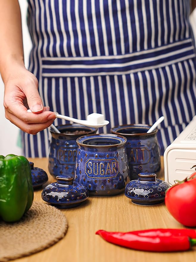 GDCZ 10 Oz Sugar Pepper and Salt Bowls with Lid and Spoon, Ceramics Seasoning Container, Seasoning Jar Spice Container for Kitchen,Dishwasher Safe, Set of 3 (Blue)
