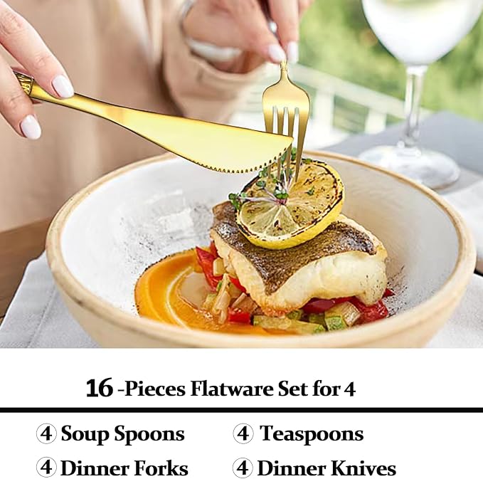 Silverware Set for 4, 16 Piece, Food Grade Stainless Steel Flatware Set, Hammered Gold Cutlery Set For Home Kitchen Restaurant Hotel, Mirror Polished Serving Utensils Set, Forks/Steak Knife/Spoons