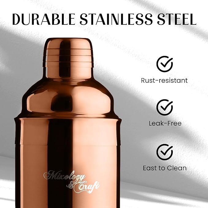 Mixology & Craft 11-Piece Cocktail Shaker Set with Wood Stand | Complete Cocktail Kit Gift Set | Top Bartender Gifts for Men & Women | Leak-Proof Tools (Copper)
